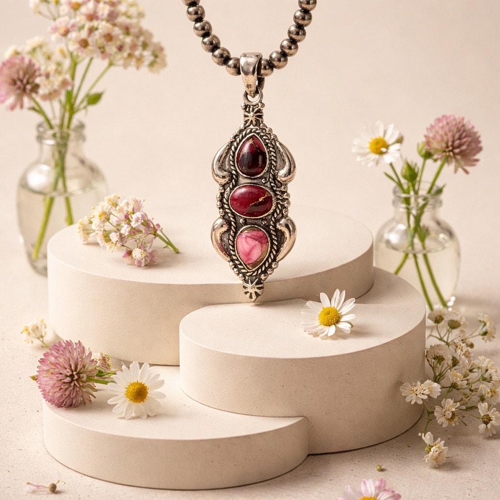 Red Rose Dahlia Pendant .925 Sterling Silver Southwestern Jewelry